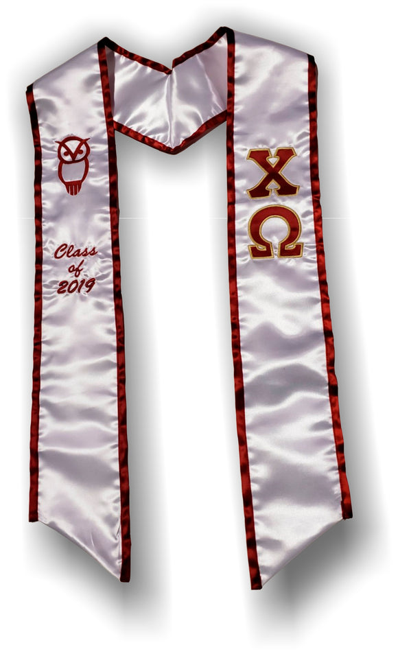 Chi Omega - Graduation Stole with Letters - Owl and founding Year