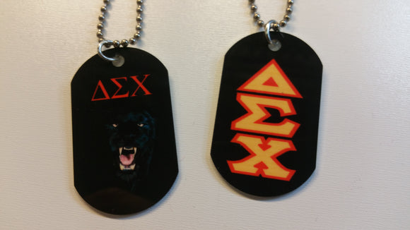 Delta Sigma Chi - Dog Tags with Panther or Gold on Red Letters on Black