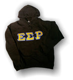 Epsilon Sigma Rho - 9.5oz Black Hooded Sweatshirt with Gold on White Twill Blue Emb