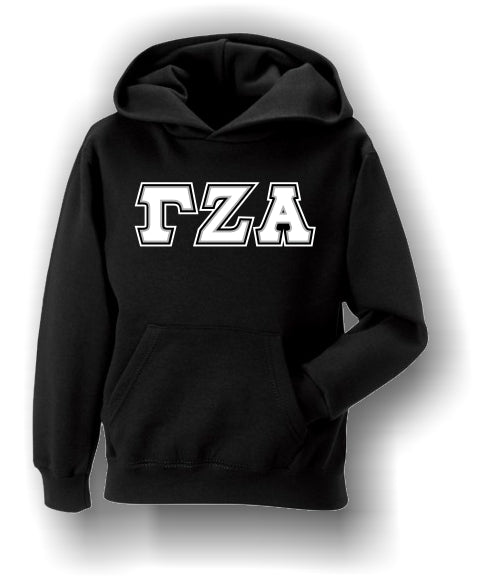 Gamma Zeta Alpha - Satin Stitched Black Hoodie with White Letters on Black Background