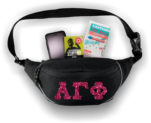 Alpha Gamma Phi-Hip Pack with Hot pink Glitter Letters-AGF-BG905-PNKGLTR