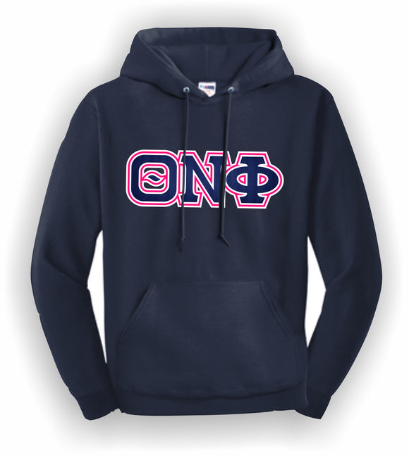Theta Nu Phi-Hooded Sweatshirt, JERZEES® SUPER SWEATS®; Embroidered (Double Stitched)-QNF-4997-HDSW-NVY