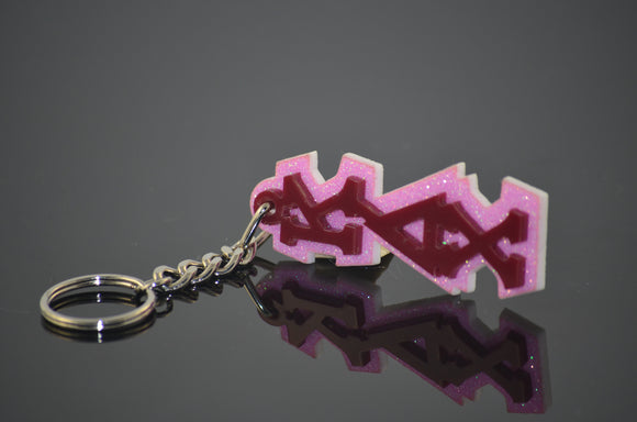 Kappa Delta Chi-Keychain, Maroon Letters on Pink Glitter-KDC-03-KEY-MRNACRY-PNKGLTR