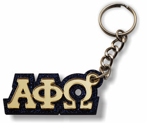 Alpha Phi Omega - Keychain, 03-Acrylic - Gold Mirror Letters on Sparkling Navy Blue Glitter