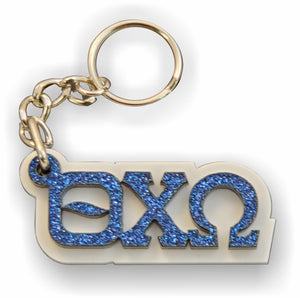 Theta Chi Omega - Keychain, 03-Acrylic - Blue Glitter on White Acrylic Background-QCW-03-KEY-BLGLTR-WHTACRYL