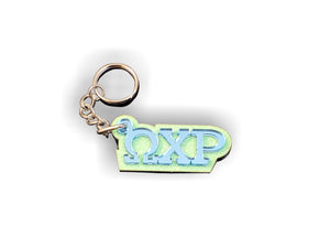 Omega Chi Rho-Keychain, 03-Acrylic-Blue Mirror on Neon Green Glitter-WCR-03-KEY-BLUMIR-NEONGRNGLTR