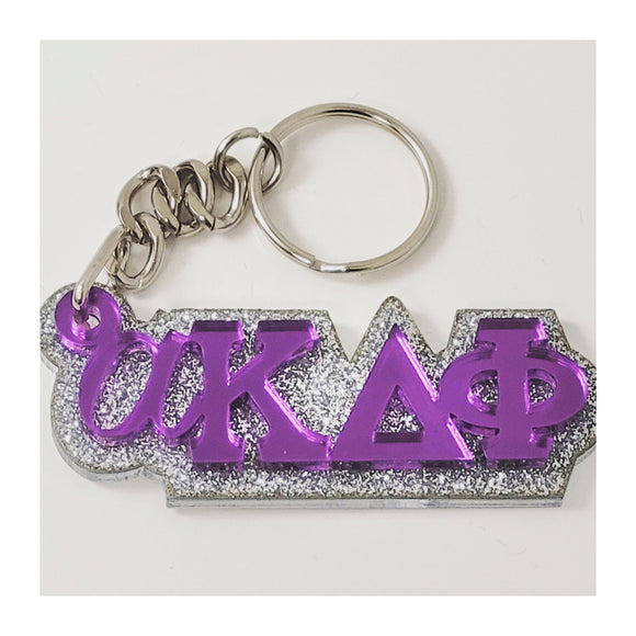 alpha Kappa Delta Phi-Keychain, Acrylic, Purple Mirror Letters on Silver Glitter-AKDF-03-KEY-PRPLMIR-SLVRGLTR