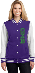 Omega Chi Beta–Sport-Tek® Ladies Fleece Letterman Jacket, Embroidered (Double Stitched)-WCB-LST270-FLEECE-LTRMN-PRPL-LTR