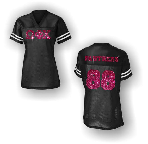 Omega Phi Chi Black Football Jersey with White Stripes