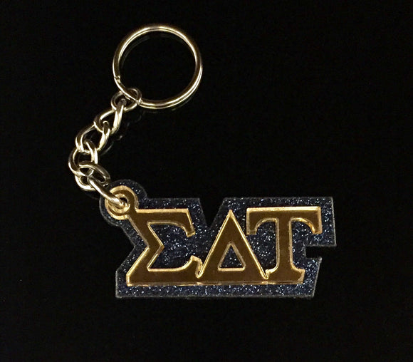 Sigma Delta Tau - Gold Mirror on Blue Glitter Keychain with Letters