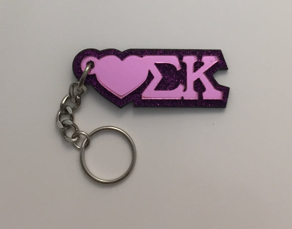 Sigma Kappa - Acrylic Keychain with Pink Mirror Heart and Glitter on