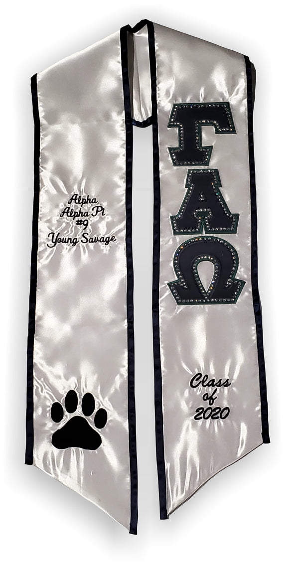 Gamma Alpha Omega-Graduation Stole with Letters and Tiger Print-GAW-STL-SLVR-BLK-PAW