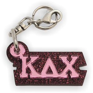 Kappa Delta Chi-PURSE Zipper Pull Keychain-Pink Mirror Letters on Maroon Glitter Backing-KDC-03-KEY-ZIPPULL-PNKMIR-MRNGLTR