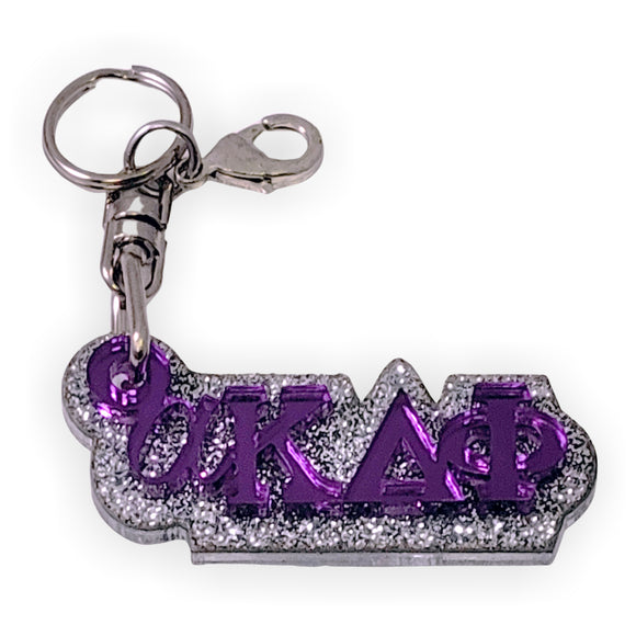 alpha Kappa Delta Phi-PURSE Zipper Pull Keychain-Purple Mirror Letters on Silver Glitter Backing-AKDF-03-KEY-ZIPPULL-PRPLMIR-SLVRGLTR